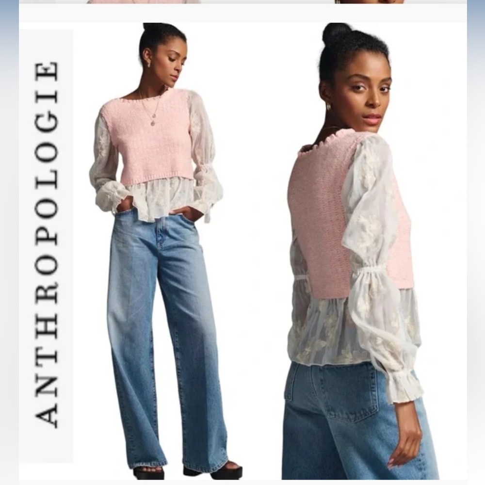 Anthropologie Pink Layered Sweater Vest Blouse Size XL